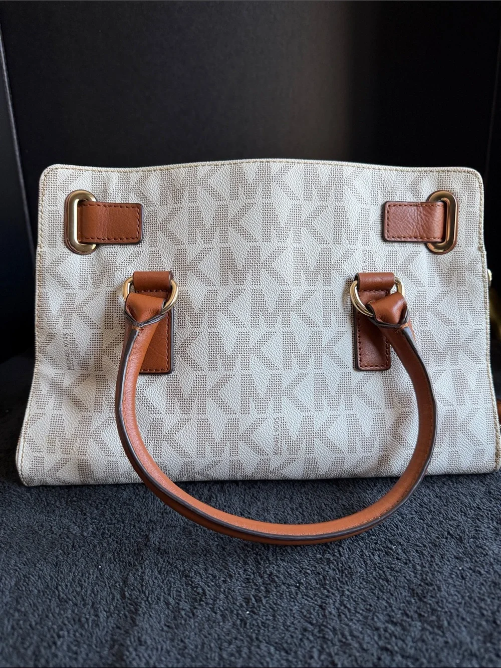 Michael Kors Cream Signature Monogram Satchel with Brown Trim and Gold Hardware